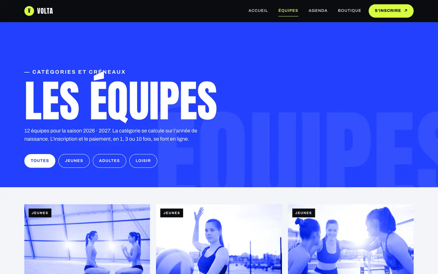 Page des équipes du site de Volta Volley Club, club de démonstration, sur ordinateur.