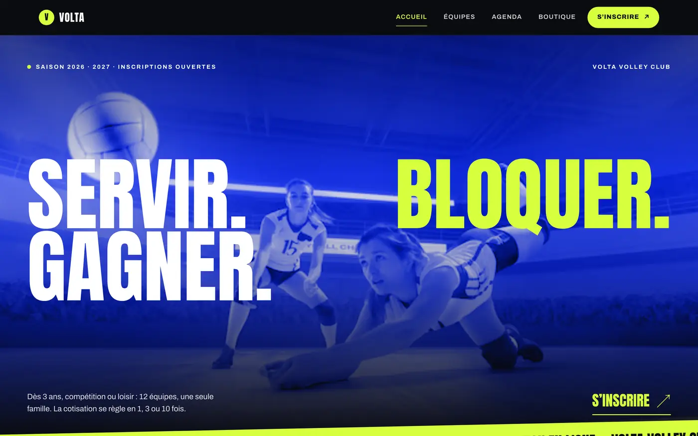 Accueil du site de Volta Volley Club, club de démonstration : ses équipes, son agenda, et le bouton S’inscrire qui mène aux inscriptions OnClub.