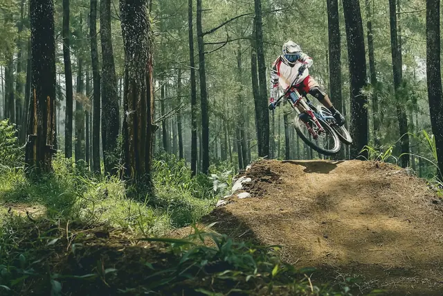 Vététiste en descente dans une forêt